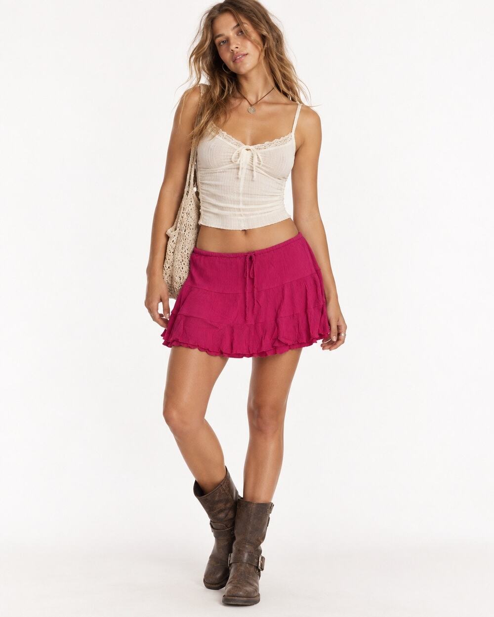 Low Rise Y2K 100% Cotton Tiered Pink Drawstring Waist Mini Skirt Summer